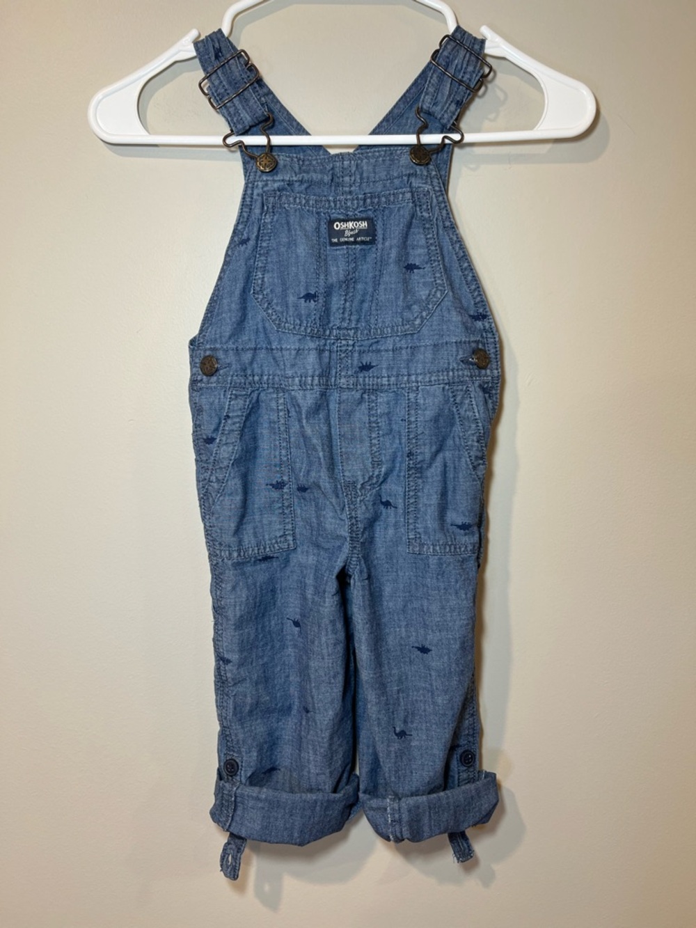 OshKosh B'gosh Blue Denim Overalls with dinosaur print
